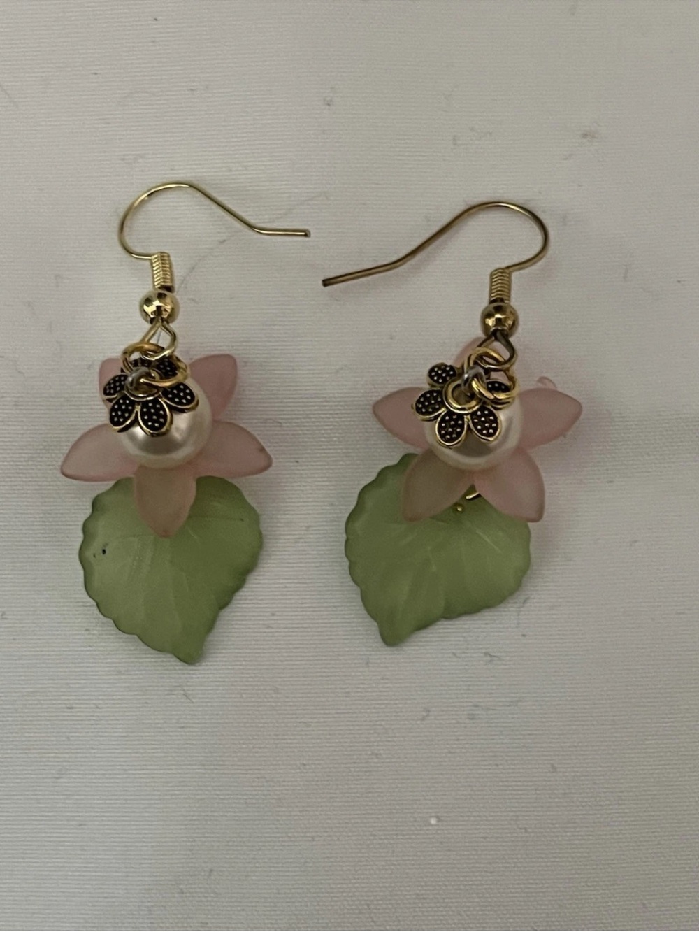 Pink Lotus Flower and Green Leaf Dangle Earrings with Pearl Gold And Silver Tone